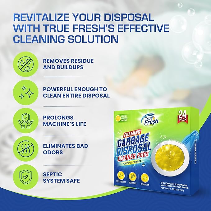 True Fresh Garbage Disposal Cleaner Powder Drop-in Sink Packets 24-Pack – Deep Cleaning & Descaling for Kitchen Sinks, Removes Odor-Causing Residue, Septic Safe, Easy-to-Use Formula