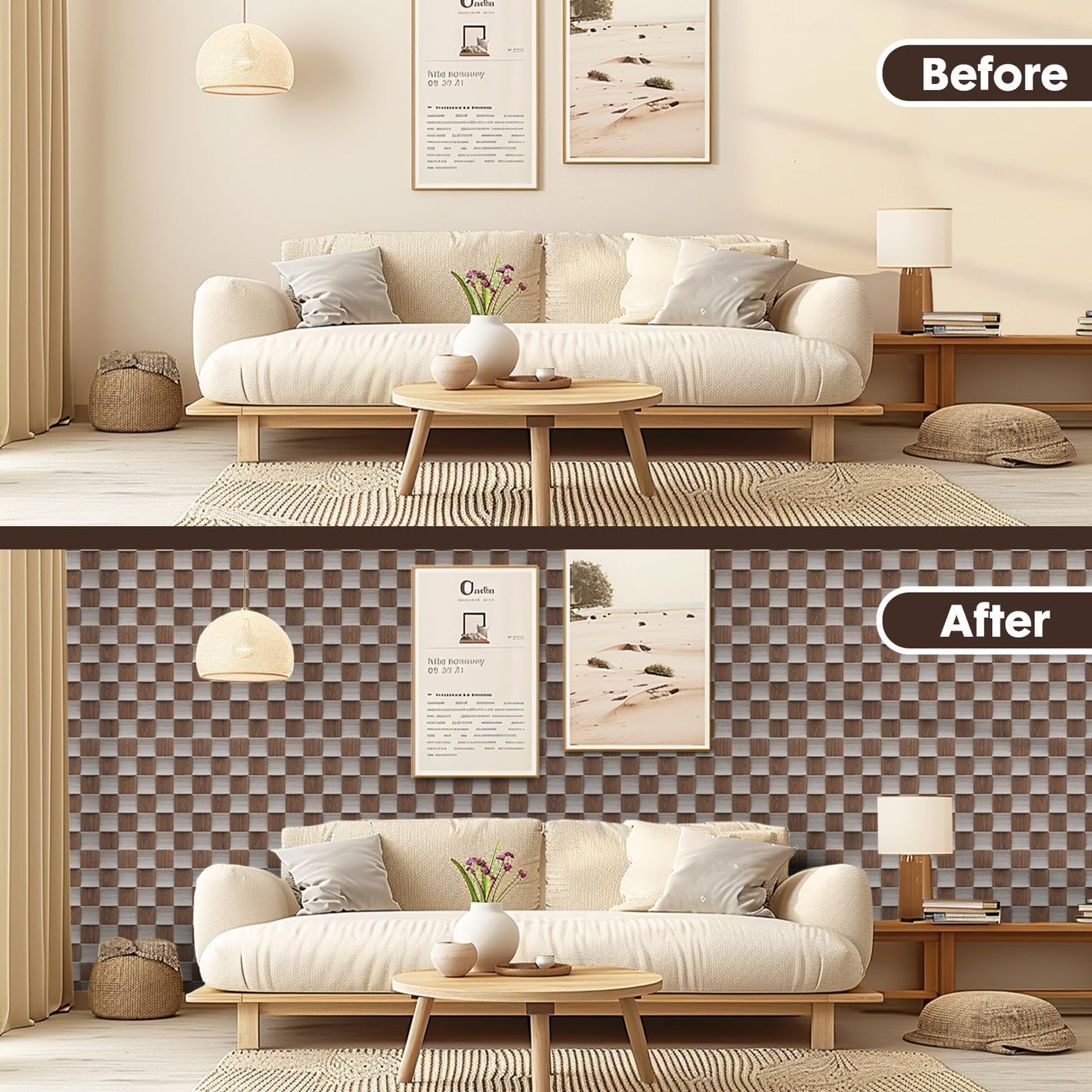 TREKATL AUTO 4 Pcs Acoustic Wood Slat Panels, Fluted Wood Panel Sound Absorbing Panel for Bedroom, Office, Interior Decor, 23.6"x23.6"(15.5ft²), Black Walnut Wood+Silver Oak (3D Concave Convex)