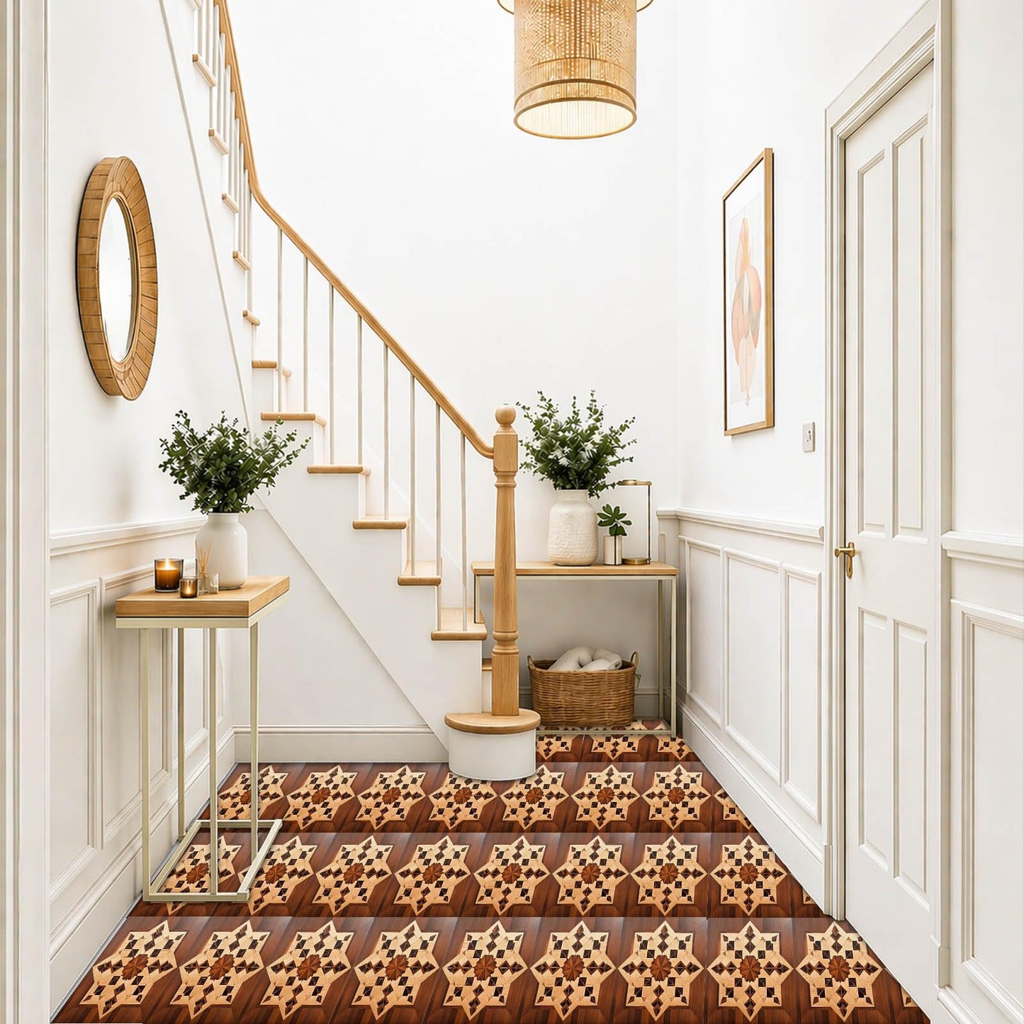 IVN 10 Piece Peel and Stick Floor Tile 12 X 12 Inch PVC Vinyl Flooring Removable No Sticky Residue Decal for Bathroom Kitchen Fireplace Stairs Brown Wood Geometric Pattern