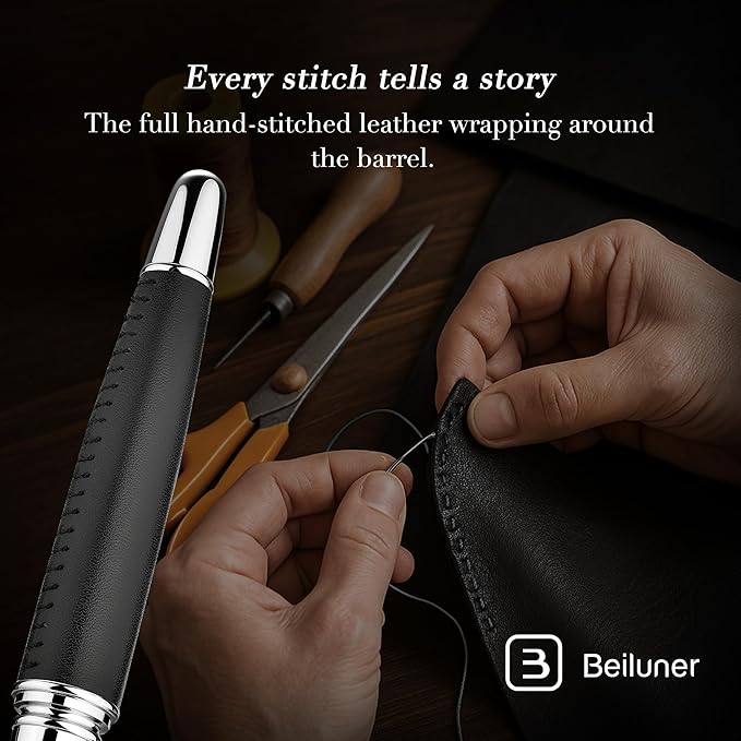 BEILUNER 318 Luxury Leather Pen, Hand-Stitched Premium Leather, Chrome-Plated Finish, Schmidt Ink Refill, Best Rollerball Pen Gift for Men & Women, Refillable, Executive Writing, Nice Pens