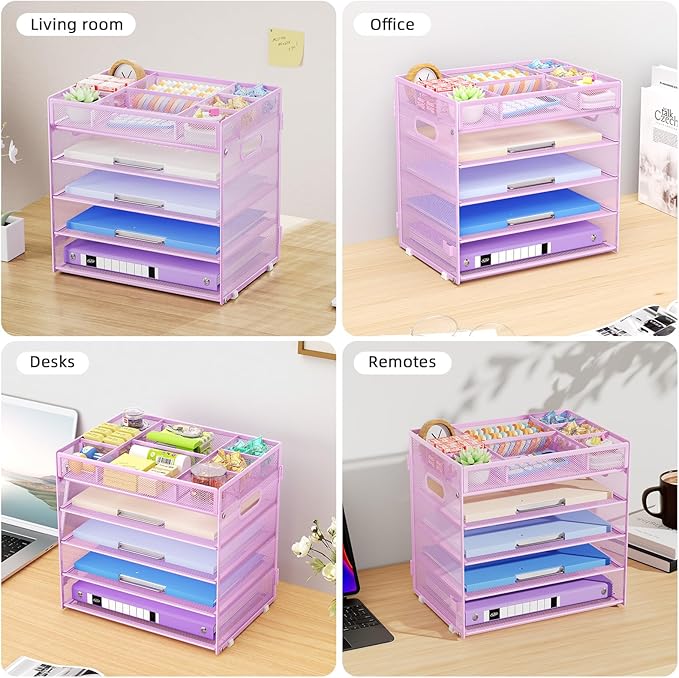 Marbrasse 5-Tier Letter Tray Paper Organizer with Handle, Multi-Functional Mesh File Organizer for Desk, Adjustable Compartments Mesh Desktop Storage for Office Supplies, Purple