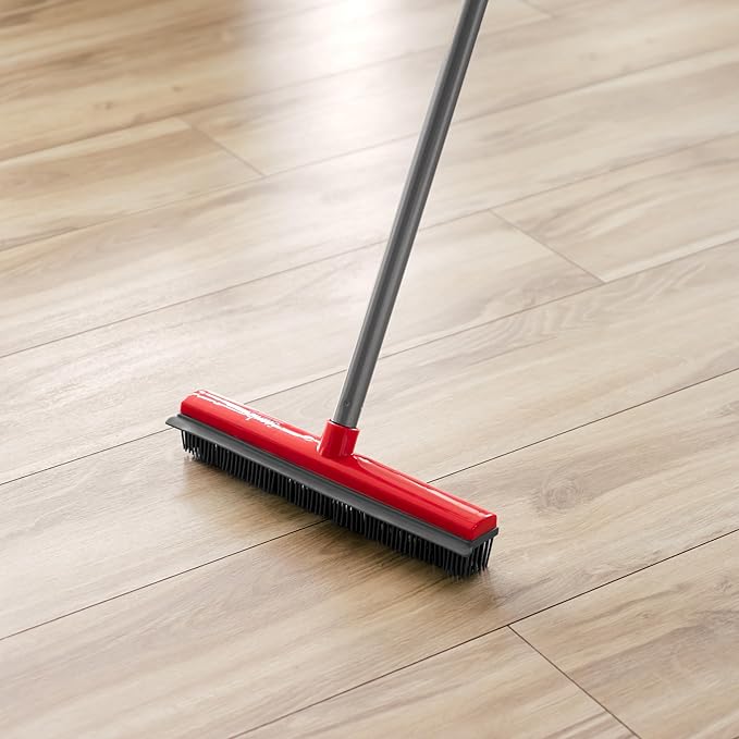 Stanley Home Products Rubber Broom with Adjustable Handle – for Carpets Floors Stairs Upholstery – Electrostatic Action Removes Pet Hair Lint Fuzz Dirt – Built-in Squeegee Tackles Wet Messes