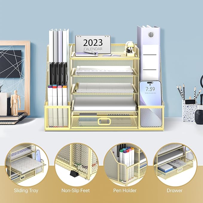 SUPEASY Mesh Desk Organizer with File Holder, 5-Tier Paper Letter Tray Organizer with Magazine Holder, Desktop Organizer and Storage with Drawer for Office Supplies Home or School, Gold
