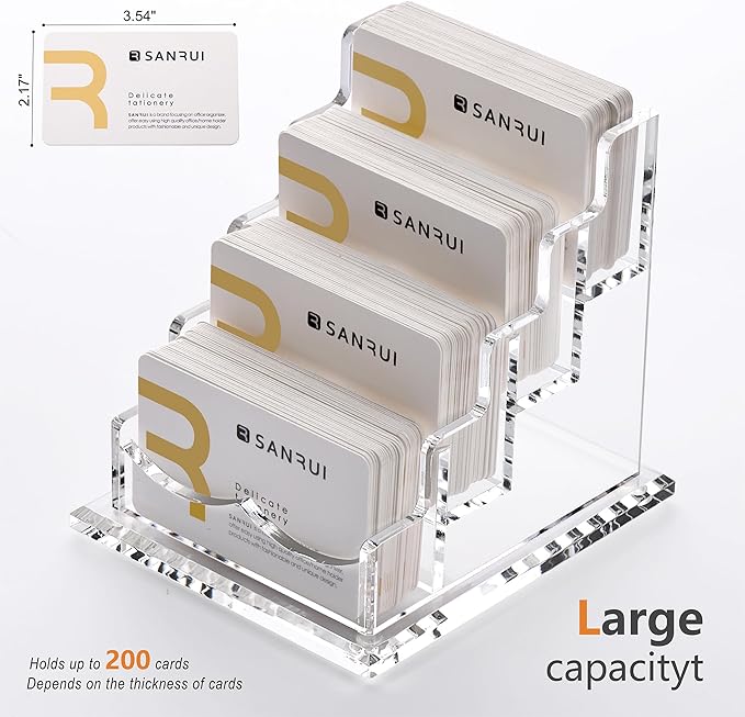 SANRUI Clear Acrylic Business Card Holder for Desk Display Stand Holders Organizer Rack , 4 Tier 4 Pocket , Holds 200 cards
