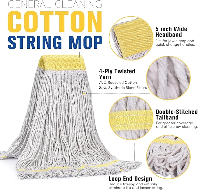 Matthew Cleaning Commercial Mop Head Replacement, 5 Inch Wide Headband, Looped End Cotton Blend String Wet Mops for Floor Cleaning, 24 oz Large, Case Pack 12 Pcs White
