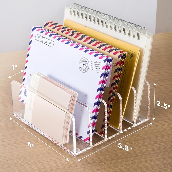 BEYGORM Acrylic Mail Holder, Clear Multifunction Desk Organizer with Divider, Vertical Letter Sorter for Desktop, 5 Compartments Modern Office Home Envelope Organizer for Bill, Document, Notebook