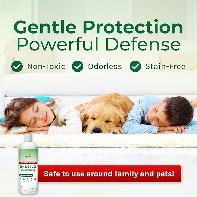 Hygea Natural Lice & Bed Bug Extra Strength Laundry Additive - Environmentally Responsible, Odorless & Stain-Free Liquid Laundry Treatment - Safe for Children & Pets - Any Water Temperature (32 oz)