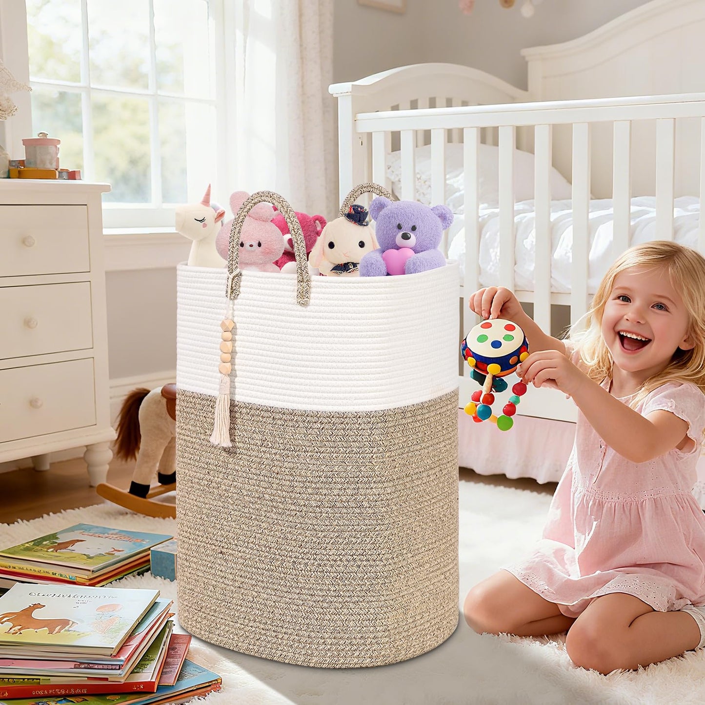 65L Woven Laundry Basket for Clothes, Large Rectangle Laundry Hampers with Beads Tassel, Nursery Storage Basket for Toys, Tall Dirty Clothes Hamper for Bedroom Aesthetic, Laundry Room Organization