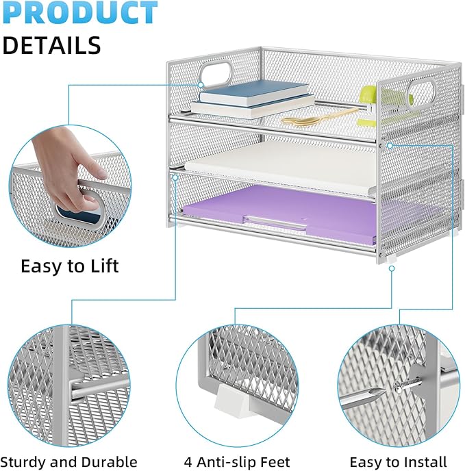 Marbrasse 3 Tier Paper Organizer Letter Tray, Mesh File Organizer with Handle, Paper Sorter Desk Organizer for Home Office Supplies - Silver