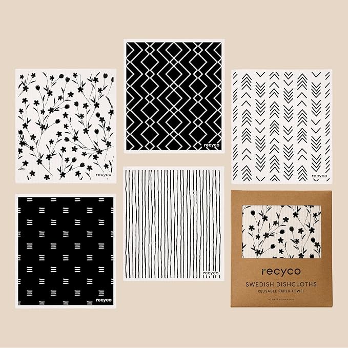RECYCO Swedish Dishcloths for Kitchen | 5 Pack Geometric Washable Dish Rags | Cellulose Reusable Cleaning Paper Towels | Absorbent Counter Dish Cloth Sponge Kitchen Wipes, 8" L x 7" W