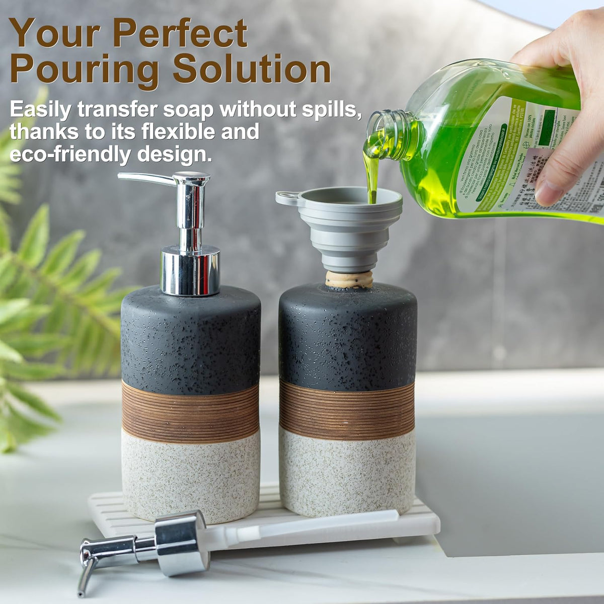 Ceramic Dish Soap Dispensers Set(2 Pack), Hand, Dish, Shower Soap Dispenser for Kitchen Sink & Bathroom, Includes Stainless Steel Pump, Silicone Funnel & Diatomaceous Holder, Black