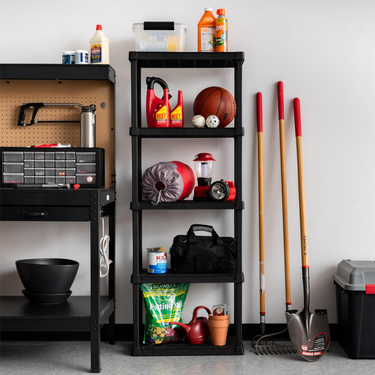 IRIS USA 5-Shelf Light Duty Plastic Storage Shelves, 250lb Capacity, 64"H x 24"W x 12"D, Medium Modular Shelving Unit Storage Organizer for Garage, Home, Bathroom & Laundry, Storage Rack - Black