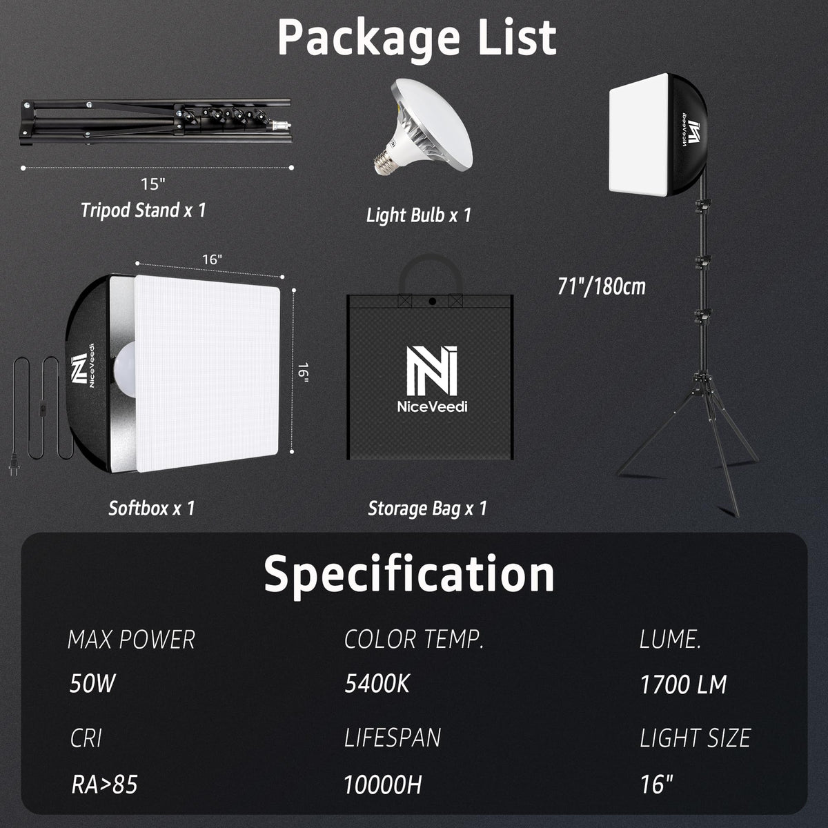 Softbox Lighting Kit, NiceVeedi 16'' x 16'' Softbox Photography Lighting Kit with 63” Tripod Stand & 5400K 450W Equivalent LED Bulb, Continuous Lighting for Photography/Video Record/Live Streaming
