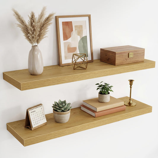 36 Inch Black Floating Shelves for Wall,9.3" Deep Long Floating Shelf Set of 2,Wood Wall Mounted Shelves Farmhouse Home Decor,Wall Storage Shelf for Bathroom Bedroom Living Room Kitchen Office,Oak