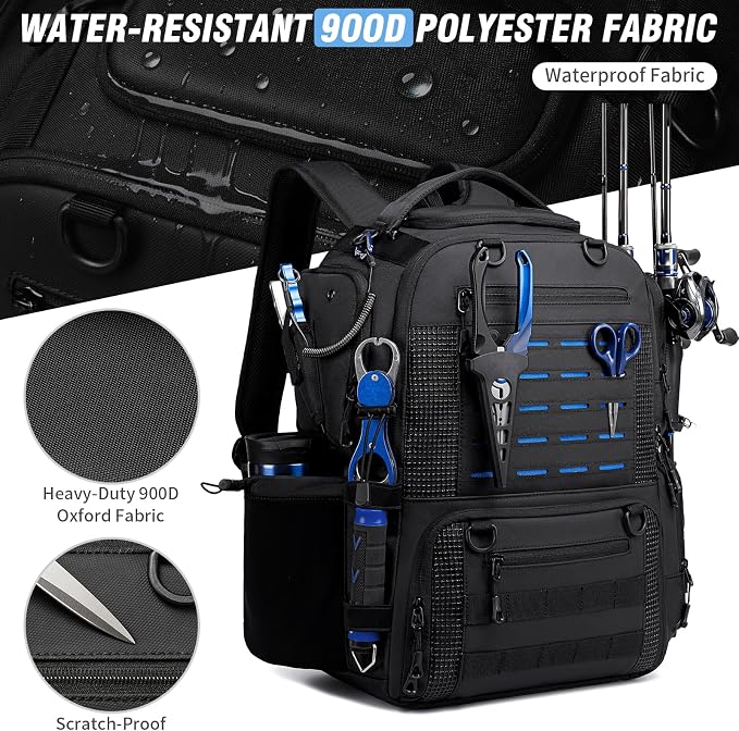Fishing Tackle Backpack with 2 Rod Holders, Multi-Pocket Tactical Bag with Bottle Holder, 50L Large Storage Bag for Fishing Gear and Equipment, Black