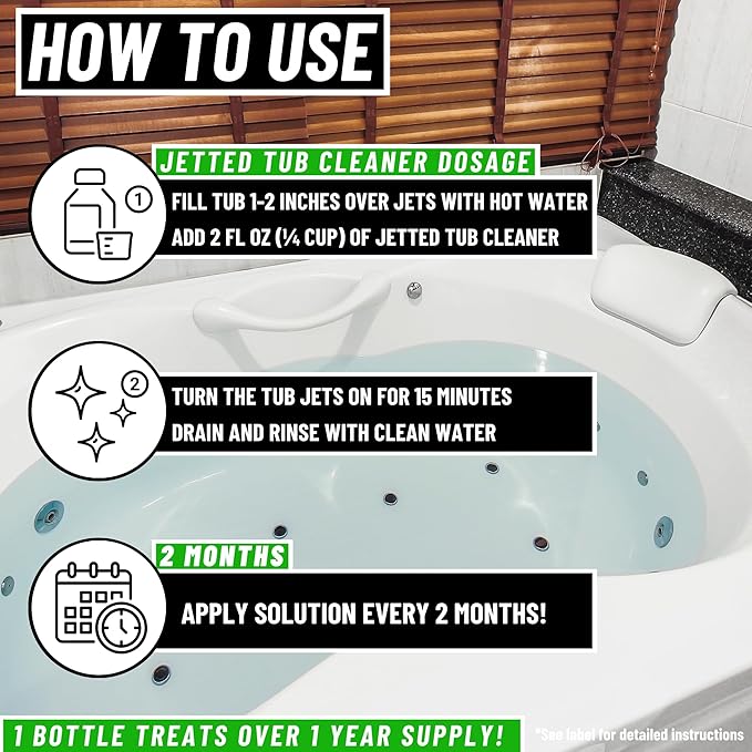 Jetted Tub Cleaner For Bathtub Jets - Whirlpool & Jacuzzi Tubs, Fast Acting, Best Spa Cleaner Chemical For The Jets And The Tubes, Pro Grade Heavy Duty, Made In USA, 16 oz
