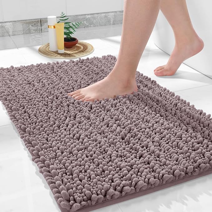 Yimobra Bathroom Rugs Non Slip Washable 24x17 Inch - Ultra Soft Absorbent Chenille Bath Mat, Quick Dry Shaggy Floor Carpet for Tub Shower, Mauve Home Decor Accessories
