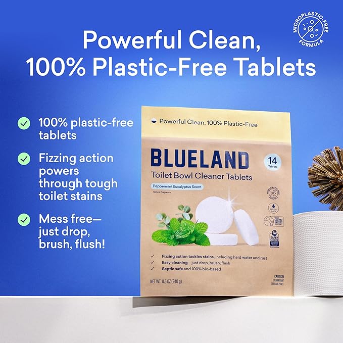 BLUELAND Toilet Bowl Cleaner Tablets, 2-Pack, 28 Count, Peppermint Eucalyptus, Plastic-Free, No Harsh Chemicals, Plant-Based