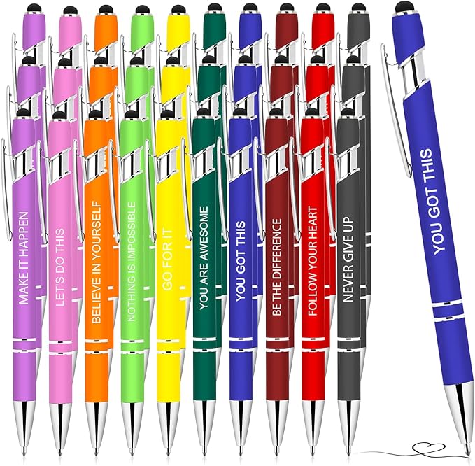 30 Pieces Inspirational Pens, Motivational Ballpoint Pen with Stylus Tip Funny Ink Pens Bulk Inspirational Gifts for Women Coworkers Office Supplies Black Ink