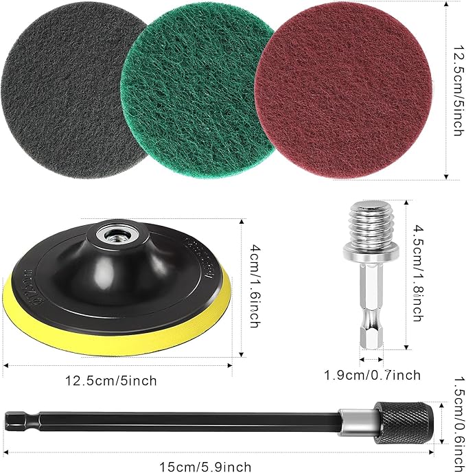 Power Scrub Pads Drill Attachment, GOH DODD 30 Pieces 5 Inch Headlight Restoration Kit Cleaning Kit Scouring Pads with Baker and Universal Shaft for Kitchen, Bathroom, Grout, Carpet, Tub, Grill,Tile