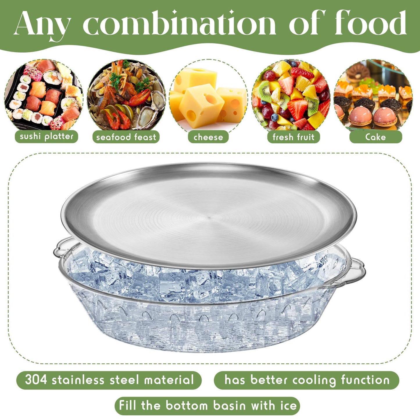 Baderke 4 Set 11.8" Chilled Serving Tray for Parties with Compartments 9" Ice Chilled Party Platter Charcuterie Serving Board 1.7 oz Dipping Bowls with Tongs for Fruit Seafood Vegetable (Natural)