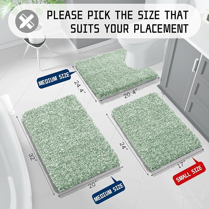 Yimobra Bathroom Rugs Sets 2 Piece, Soft Absorbent Bath Mat and U-Shaped Toilet Rug with Non Slip Backing, Machine Washable, Plush Shaggy Bath Mats for Bathroom, 24"x17"+24"x20", Light Green and White