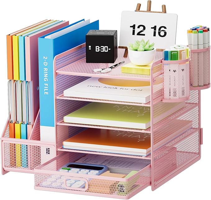 Marbrasse Desk Organizer with File Holder, 5-Tier Paper Letter Tray Organizer with Drawer and 2 Pen Holder, Mesh Desktop Organizer and Storage with Magazine Holder for Office Supplies(Pink)