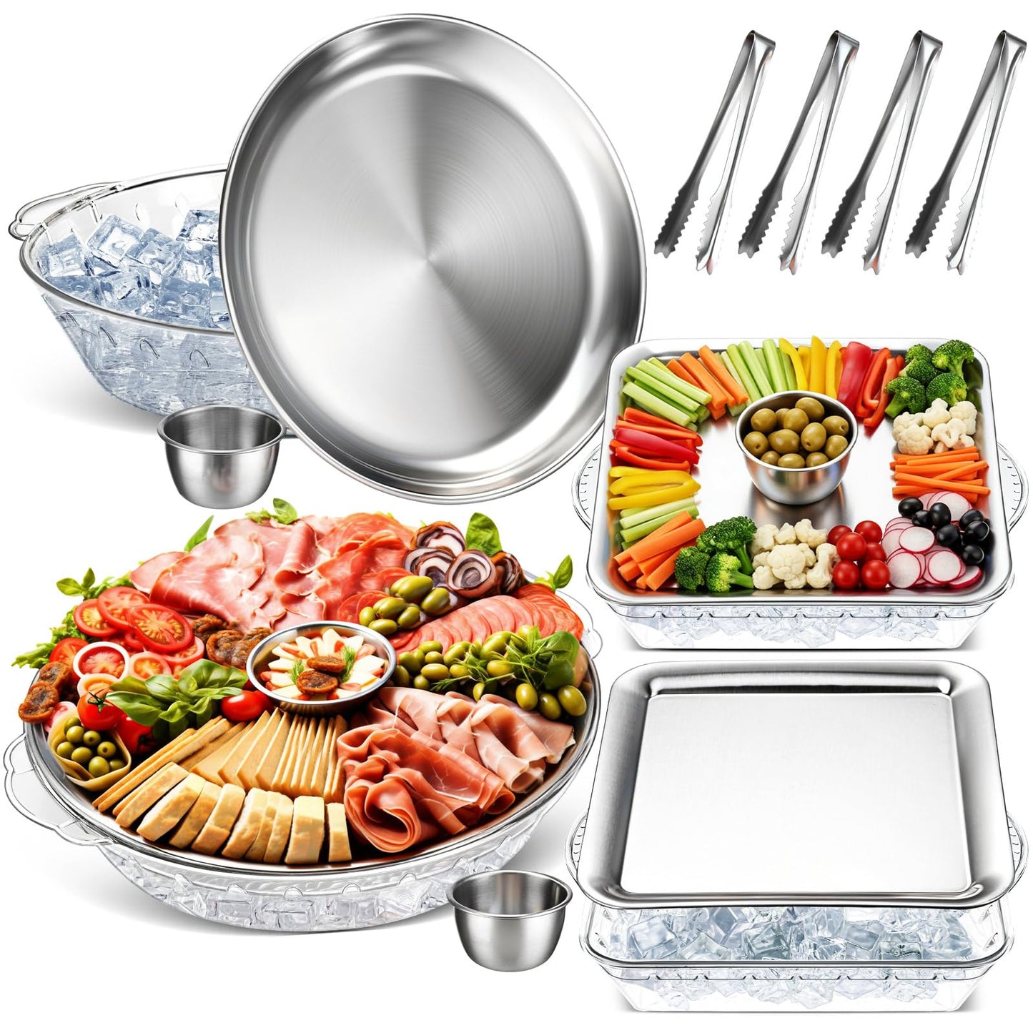 Baderke 4 Set 11.8" Chilled Serving Tray for Parties with Compartments 9" Ice Chilled Party Platter Charcuterie Serving Board 1.7 oz Dipping Bowls with Tongs for Fruit Seafood Vegetable (Natural)