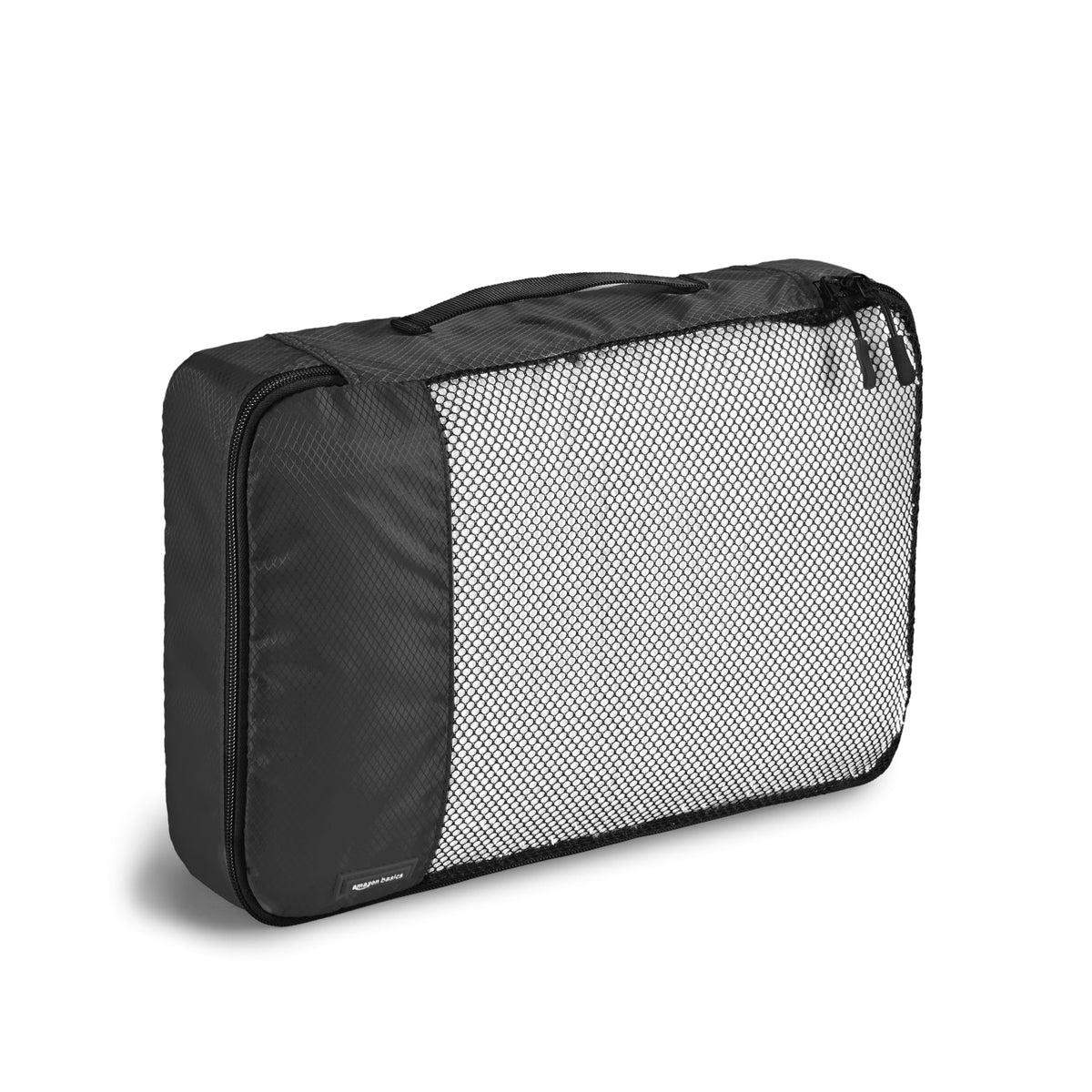 Amazon Basics Lightweight Packing Cubes Travel Organizer Set with Double Zipper, Mesh Top, Small, Medium, Large, Slim, Black, 4 Piece