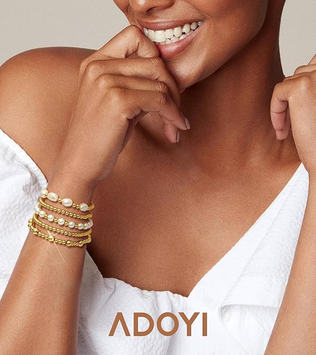 adoyi Gold Bracelets for Women Beaded Bracelet 14K Gold Plated Bracelet Stack Strand Stretch Bead Ball Bracelet Set Stackable Bracelet Adjustable Bracelet Set Jewelry for Gifts