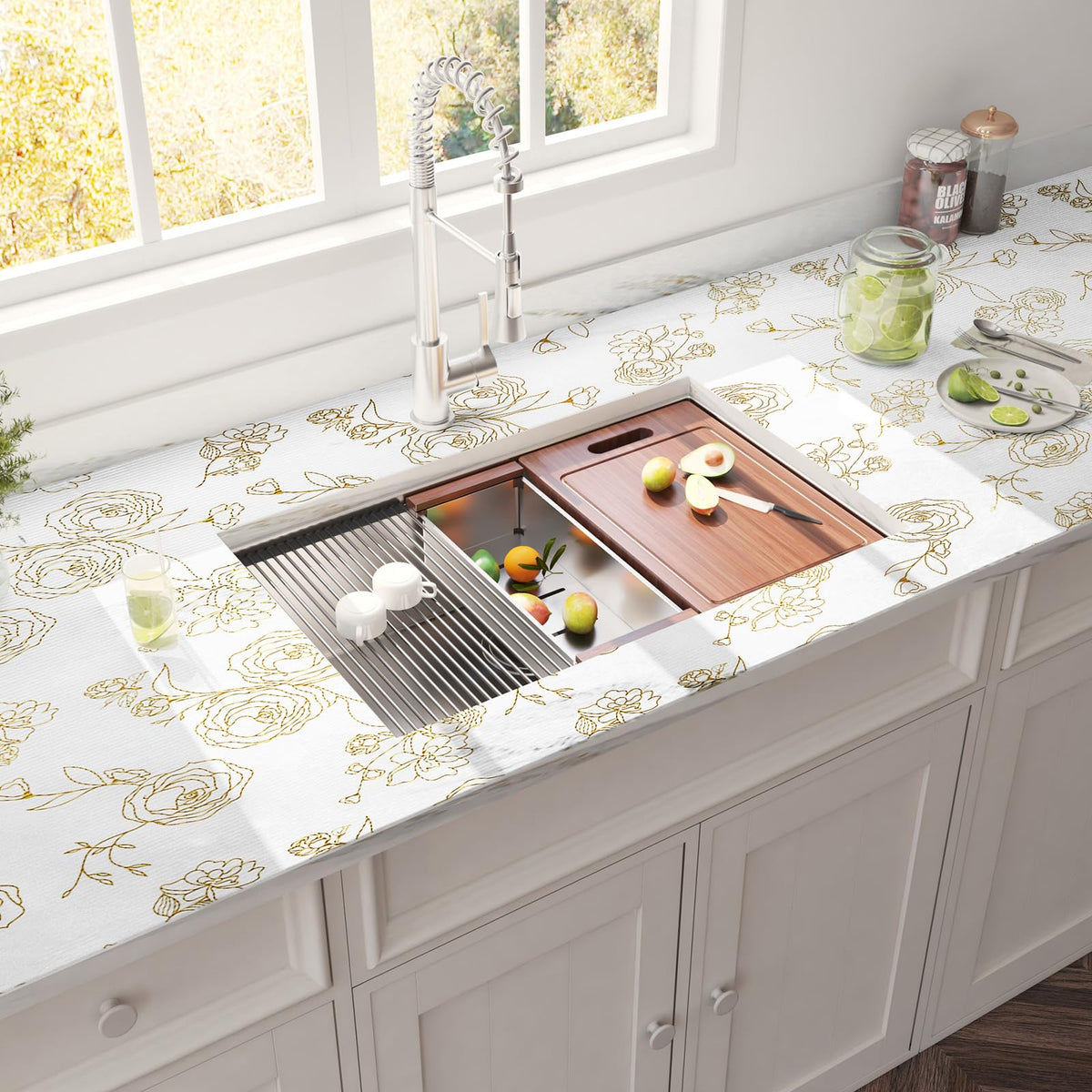 Shelf Cabinet Liner for Kitchen- Non Adhesive Drawer Liner Refrigerator Liner, Premium Waterproof Shelf Paper Protect Surface, Non Slip Easy to Clean Durable EVA Material, Gold Roses, 11.8 in x 10FT