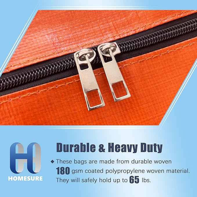 12 Pack Large Strong Moving Bags with Zippers & Carrying Handles - Water-Resistant - Heavy Duty Storage Tote for Space Saving, Fold Flat, Alternative to Moving Box (Orange)