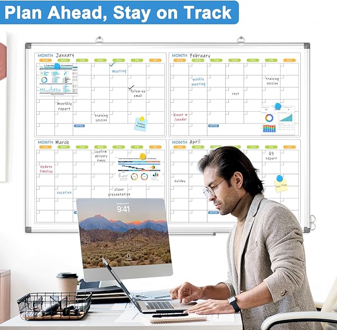 Dry Erase Calendar for Wall 4 Month, WALGLASS 48" x 36" Large Double-Sided White Board Calendar, Dry Erase Monthly Whiteboard, Silver Aluminum Frame Hanging Wall Mounted Board for Office Home School
