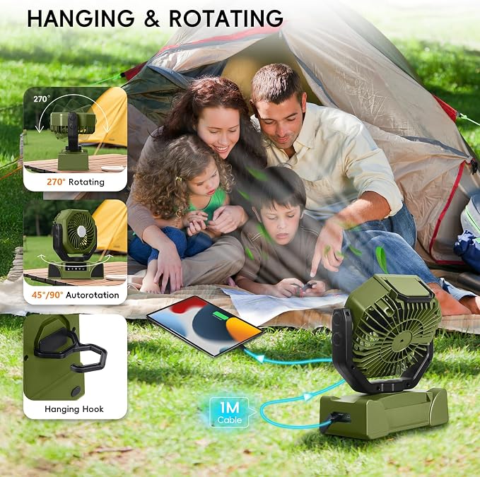 20000mAh Portable Camping Fan, Rechargeable Battery Powered Fan with Remote Control & Oscillating, LED Display, Light, Timer, Rotation, Hanging Hook for Outdoor Camp, Beach, Travel Tent