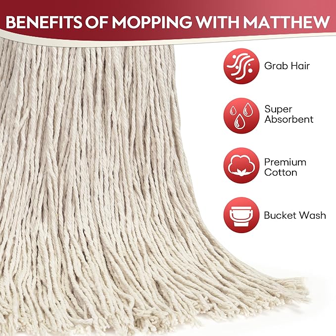 MATTHEW CLEANING 16oz 12Pack Cotton Mop Head Replacement,Cotton Looped-Open String Heavy Duty String Mop Refills, Universal Headband Blend,Floor Cleaning for Home, Industrial and Commercial Use(White)