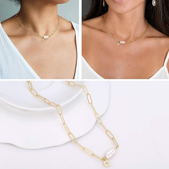 Aobei Pearl 18K Gold Plated Paperclip Chain Choker Satellite Chain Freshwater Cultured Biwa Pearl Pendant Necklace Dainty Jewelry for Women