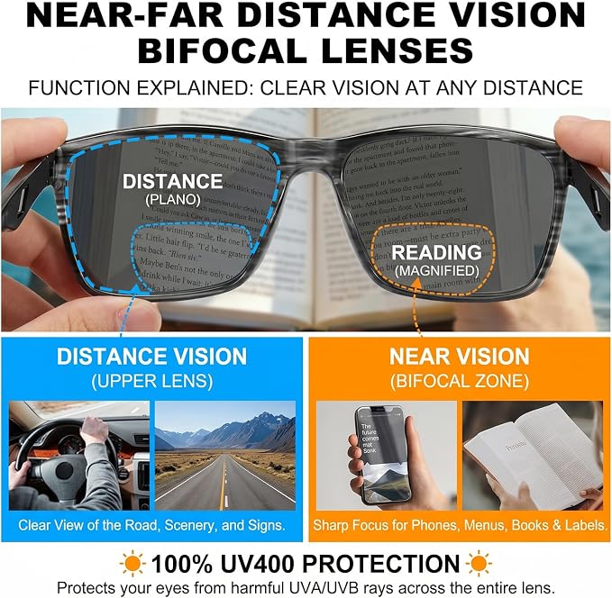 Missfive 2-Pack Mens Snazzy Bifocal Sunglasses with Readers Built-in, Rugged TR90 Lightweight Vented Temples, Dark Outdoor Reading Glasses UV400 Sun Protection for Driving/Travelling, 3.0x