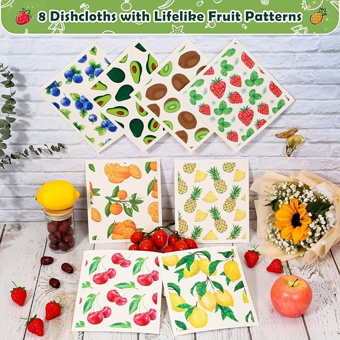 Lucomb Reusable Swedish Kitchen Dish Cloths, 8 Pack Replace Paper Towels Quick Drying Kitchen Sponges Dish Rags for Dishes Washing Home Cleaning Window Glass Wipes (Mixed Fruit)