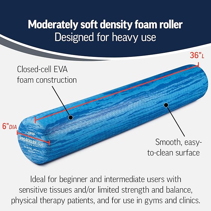OPTP PRO-Roller Soft Density Foam Roller – Low Density Soft Foam Roller for Physical Therapy, Pilates, Yoga Foam Roll Exercises, and Muscle Recovery- Blue 36" x 6"