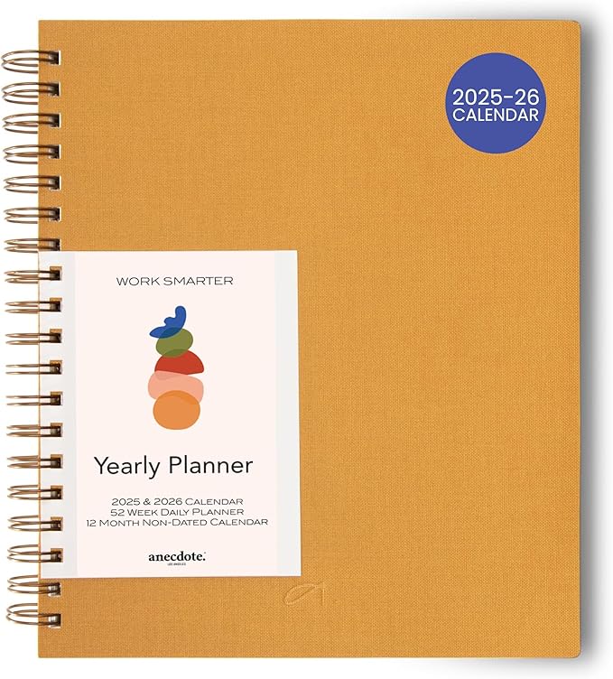 Anecdote 2025 Planner (8.5" x 10") Daily Planner Weekly Monthly Planner - 52 Weeks w/Library Buckram Cover, Brass Spiral - A4 Size Bleed-Resistant Paper – Mustard