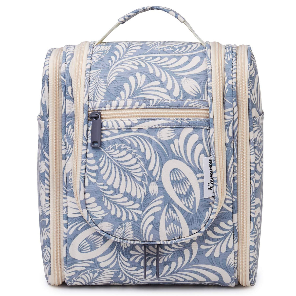 Narwey Small Hanging Toiletry Bag Women Travel Makeup Bag Organizer Toiletries Bag for Travel Size Essentials Accessories Cosmetics (Medium, Blue Leaf)