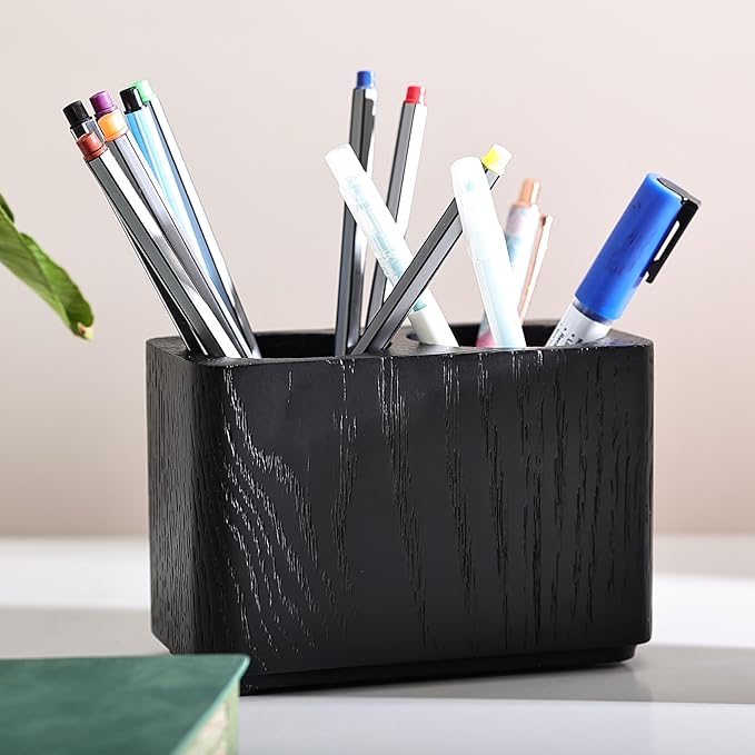 Oak Solid Wood Pen &Pencil Holder for Desk, Office Stationery Organizer, Table Pencil Cup Stand,Desk Accessories Holder, Two Cups Practical Design. (Char Black)