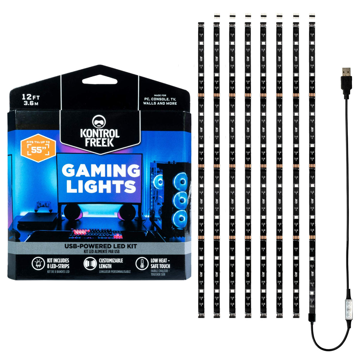 KontrolFreek Gaming Lights: LED Strip Lights, USB Powered with Controller, 3M Adhesive for TV, Console, PC, Wall (12 Ft)
