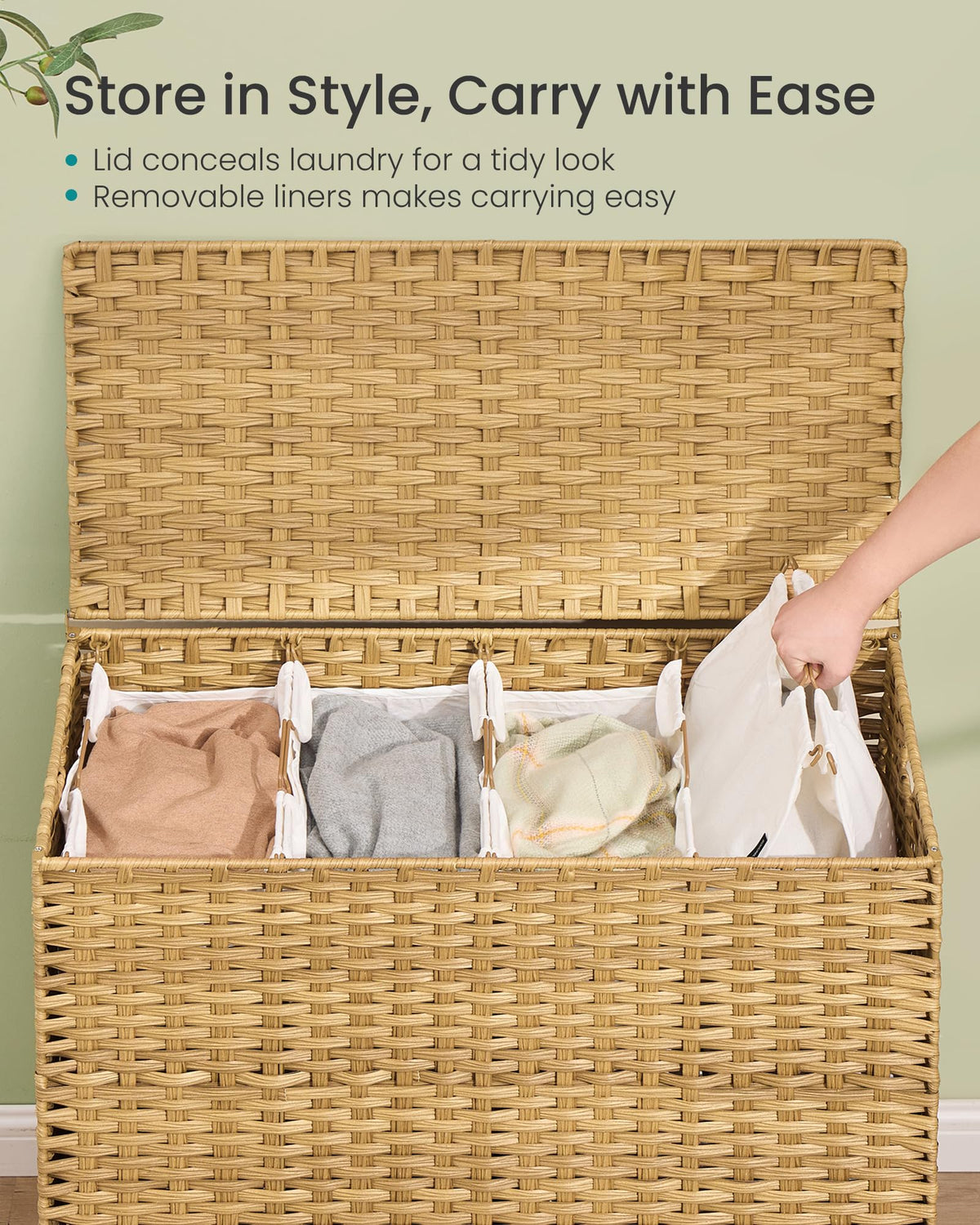 SONGMICS 4-Section Laundry Hamper with Lid, 55.4 Gal (210L) PE Rattan Laundry Basket with Removable Washable Liners, for Bedroom & Living Room, Goose Yellow ULCB224YE01