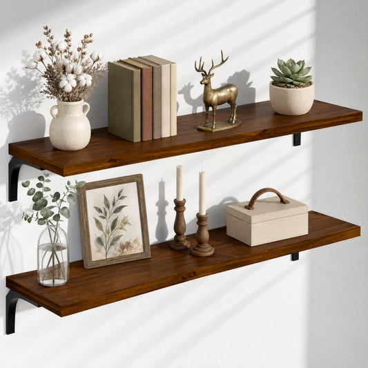 TEDIDUWA 12 Inch Deep Floating Shelves Set of 2, 48 Inch Extra Wide Vintage Walnut Solid Pine Wood Wall Shelves, 4ft Heavy Duty Wall Mounted Bookshelf with 100 lbs Capacity for Kitchen & Living Room