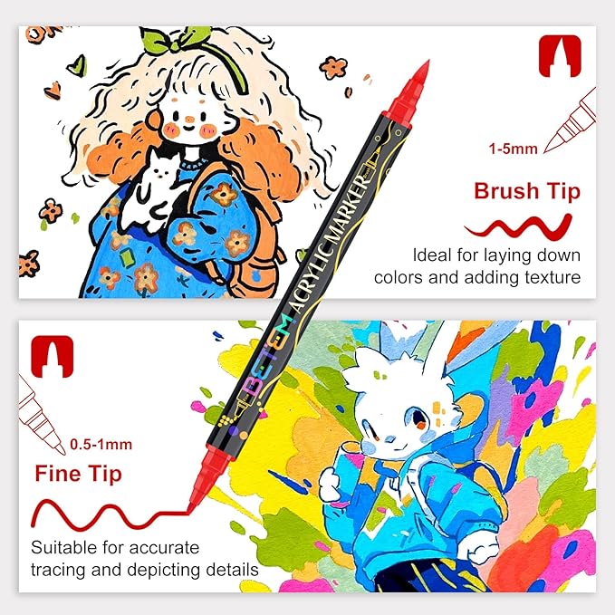 Betem Paint Markers Acrylic Paint Pens, Dual Tip 72 Colors Acrylic Markers with Brush Tip and Fine Point, Art Supplies for Wood, Canvas, Stone, Glass, Rock Painting Kit DIY Crafts Drawing Kit with Bag