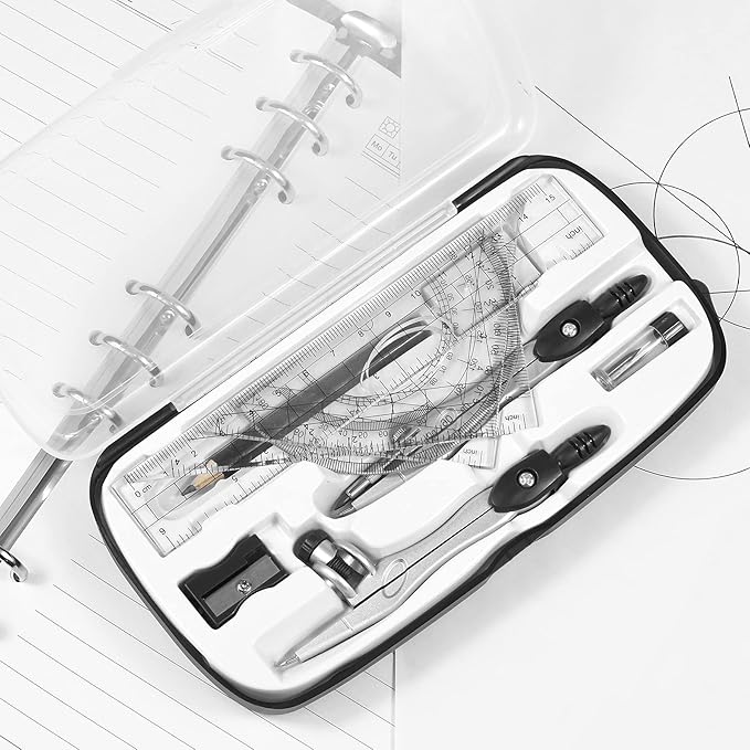Math Geometry Kit Sets 10 Piece Student Supplies with Shatterproof Storage Box,Includes Rulers,Protractor,Compass,Eraser,Pencil Sharpener,Lead Refills,Pencil,for Drafting and Drawings（Black）