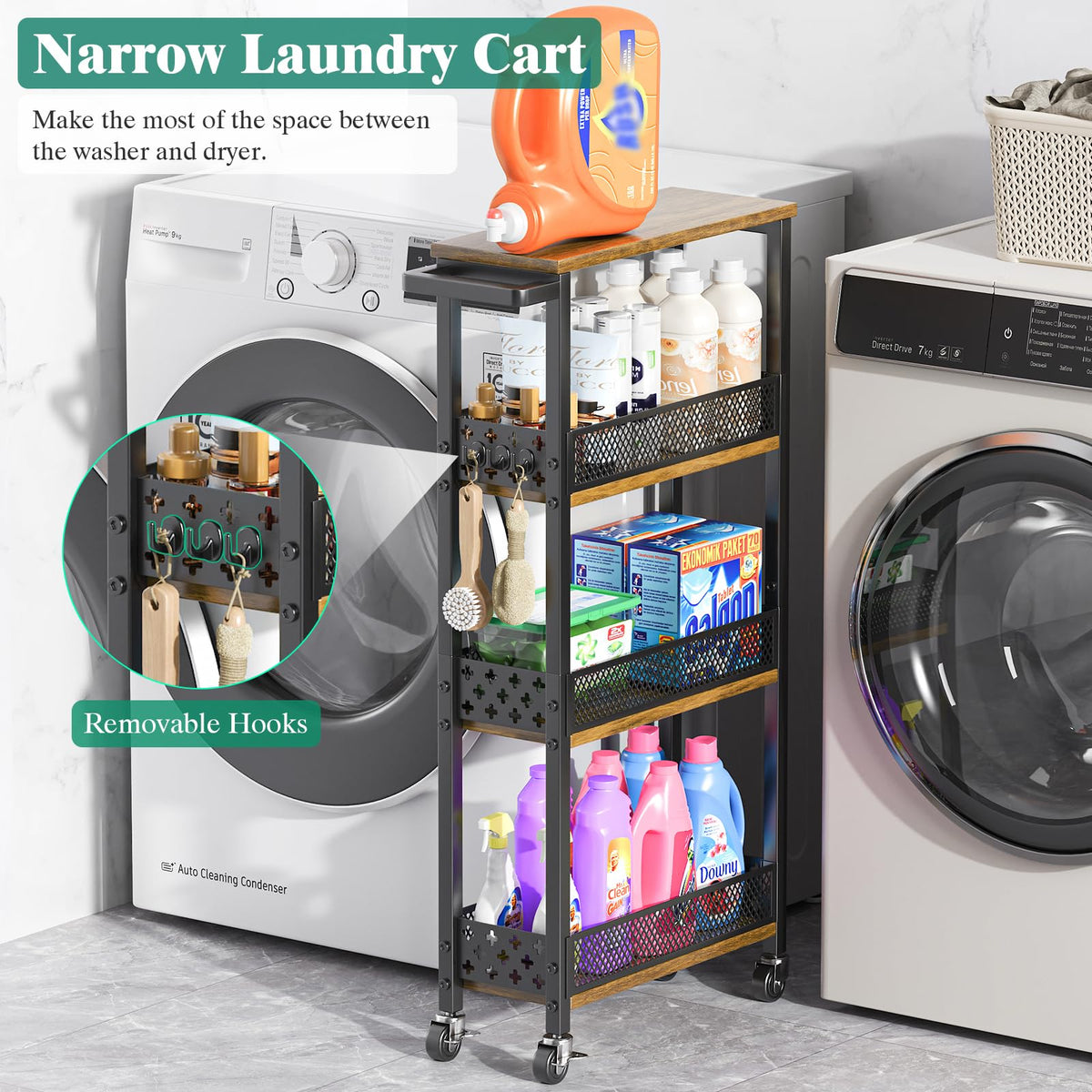 Giwil 4-Tier Slim Rolling Storage Cart for Kitchen Bathroom Organizer, Mobile Narrow Storage Cabinet Utility Cart with Wood Rack on Wheels for Pantry Laundry Small Space