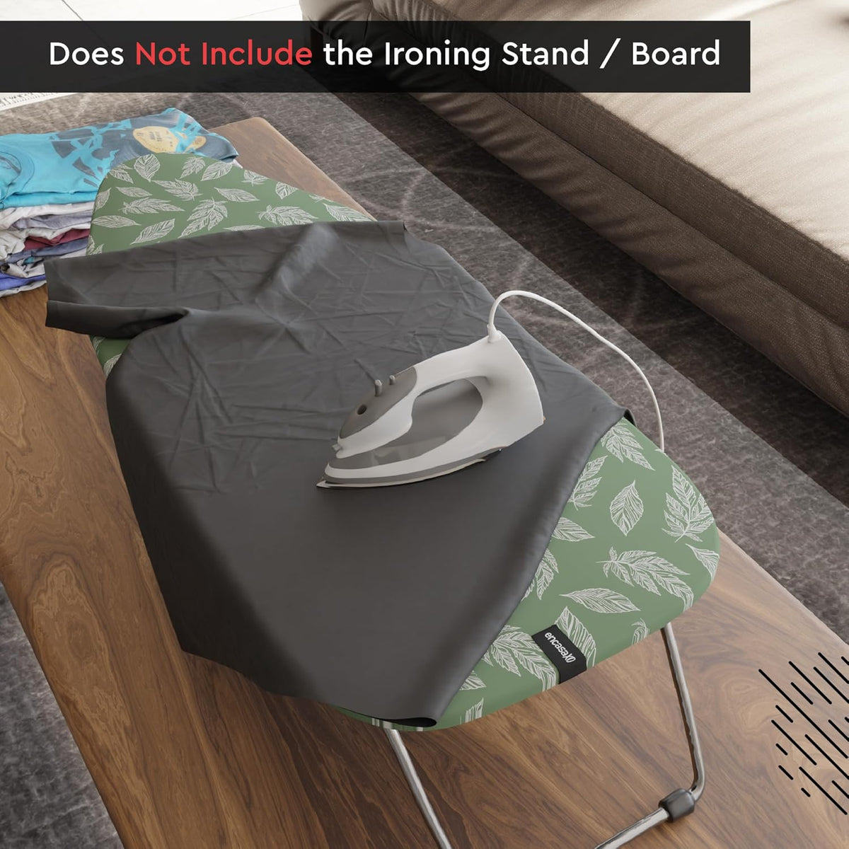 Encasa XO Ironing Board Cover and Pad 28"x12" - Thick 3mm Felt Padding, Drawstring Tightening & Lock, Easy Fit, Scorch & Stain Resistant, Fits Mini Ironing Board - Big Leaves Green