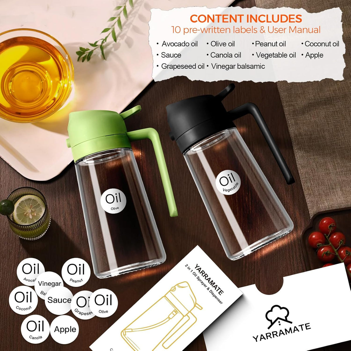YARRAMATE 16oz/470ml Glass Olive Oil Sprayer for Cooking with Stickers, 2 in 1 Oil Dispenser for Kitchen Gadgets, Food Grade Premium Spray Bottle with Portion Control for Salad, Frying, BBQ (Black)